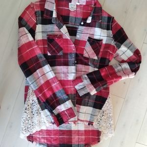 Woven flannel shirt with lace panels